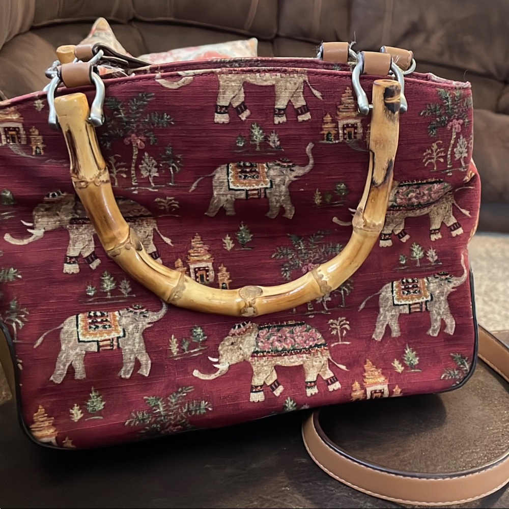 Relle Elephant Print Burgundy Handbag with Bamboo Handles